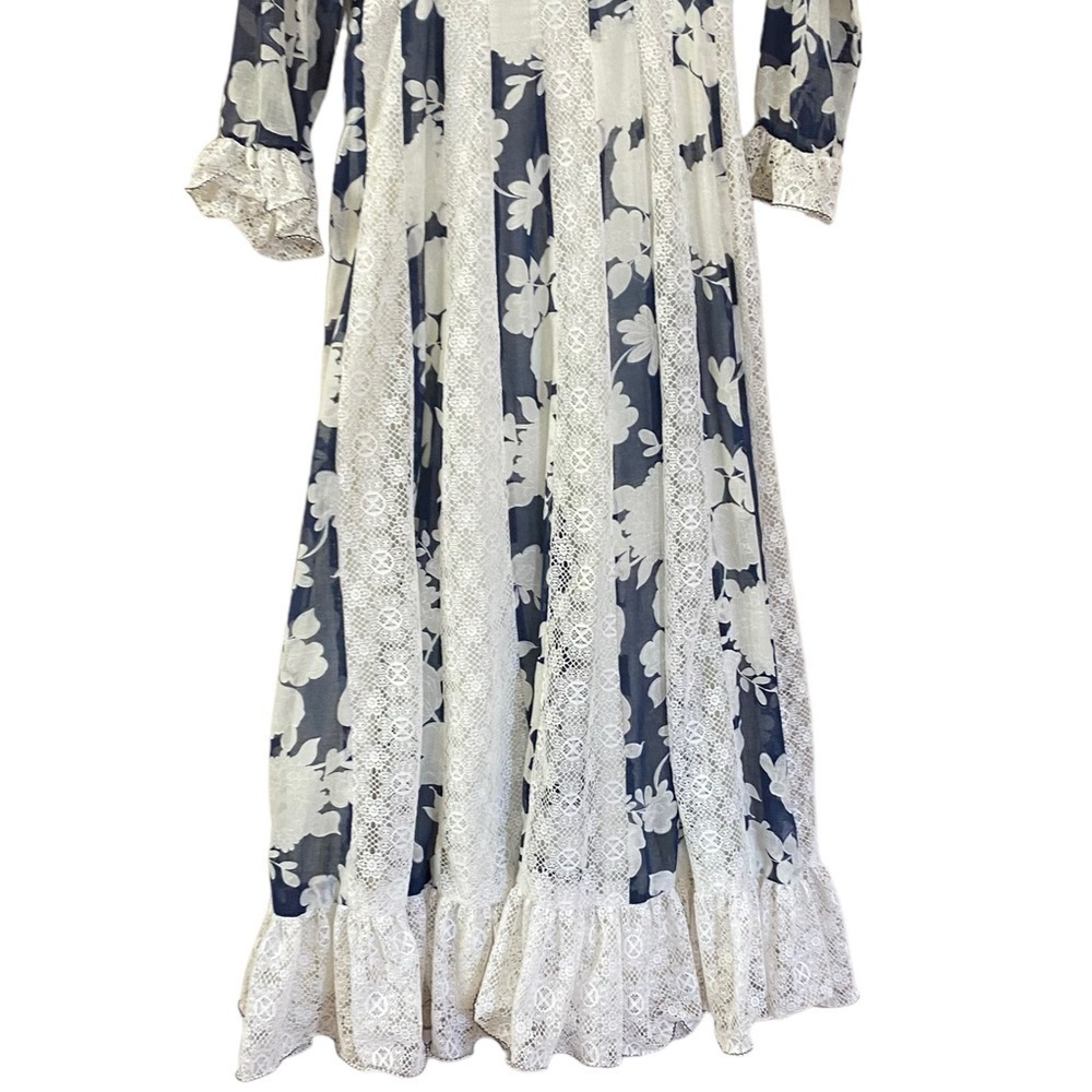 Vintage 70’s Blue And White Prairie Cottage Core Maxi Dress Women’s 10 Ruffle - Picture 5 of 16